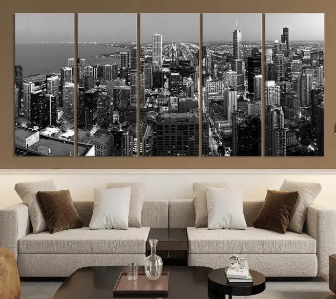 A set of Chicago Wall Art Canvas Print panels, depicting the city skyline at night in black and white, is crafted on museum-quality canvases with a satin varnish for an elegant finish.