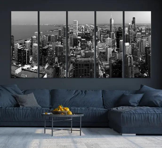 A set of Chicago Wall Art Canvas Print panels, depicting the city skyline at night in black and white, is crafted on museum-quality canvases with a satin varnish for an elegant finish.