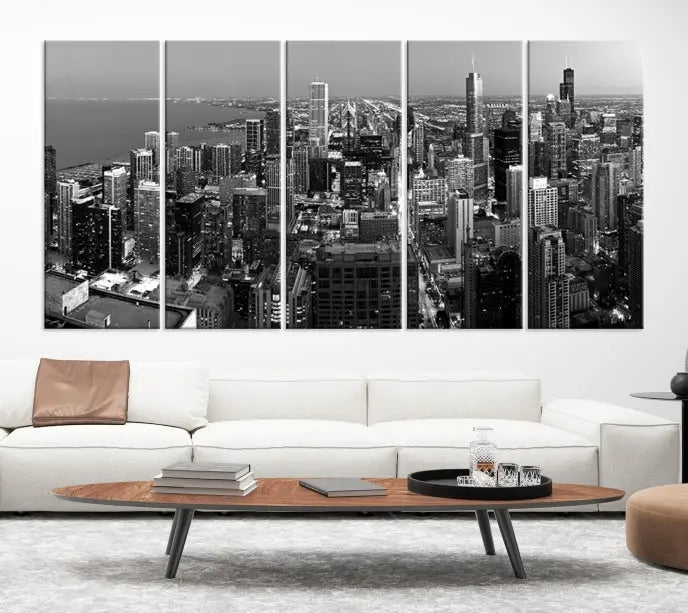 A set of Chicago Wall Art Canvas Print panels, depicting the city skyline at night in black and white, is crafted on museum-quality canvases with a satin varnish for an elegant finish.