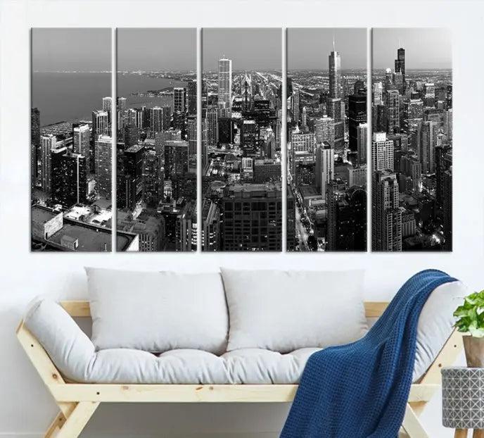 A set of Chicago Wall Art Canvas Print panels, depicting the city skyline at night in black and white, is crafted on museum-quality canvases with a satin varnish for an elegant finish.