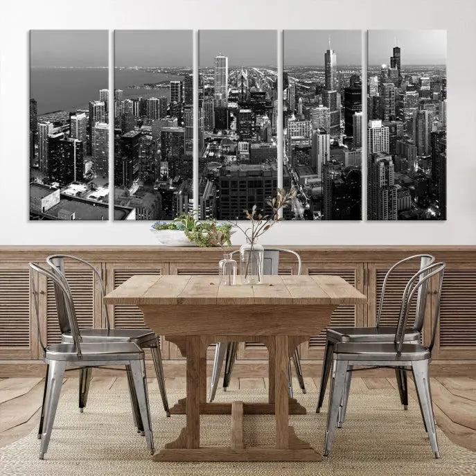 A set of Chicago Wall Art Canvas Print panels, depicting the city skyline at night in black and white, is crafted on museum-quality canvases with a satin varnish for an elegant finish.