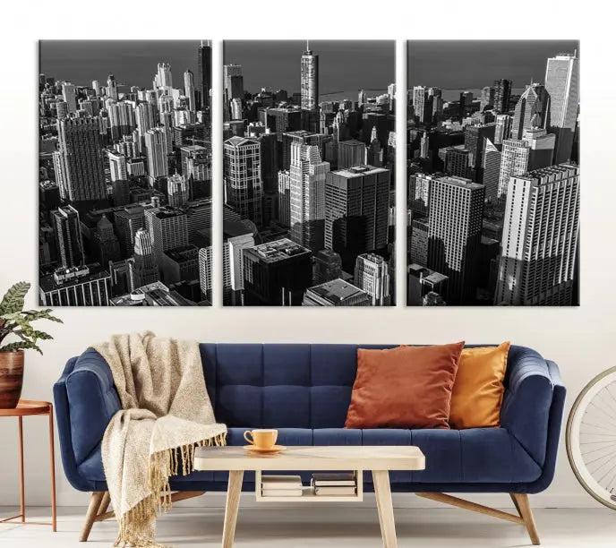 Hanging on the wall is the Chicago Wall Art Canvas Print Chicago City Night Canvas Print, a triptych of the city skyline. It’s printed on museum-quality canvas and includes a UV-protective coating to ensure its colors remain vivid for years.