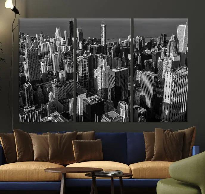 Hanging on the wall is the Chicago Wall Art Canvas Print Chicago City Night Canvas Print, a triptych of the city skyline. It’s printed on museum-quality canvas and includes a UV-protective coating to ensure its colors remain vivid for years.