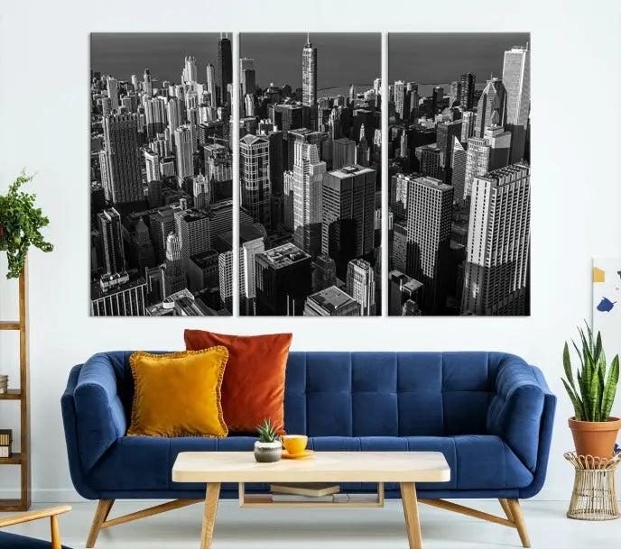 Hanging on the wall is the Chicago Wall Art Canvas Print Chicago City Night Canvas Print, a triptych of the city skyline. It’s printed on museum-quality canvas and includes a UV-protective coating to ensure its colors remain vivid for years.