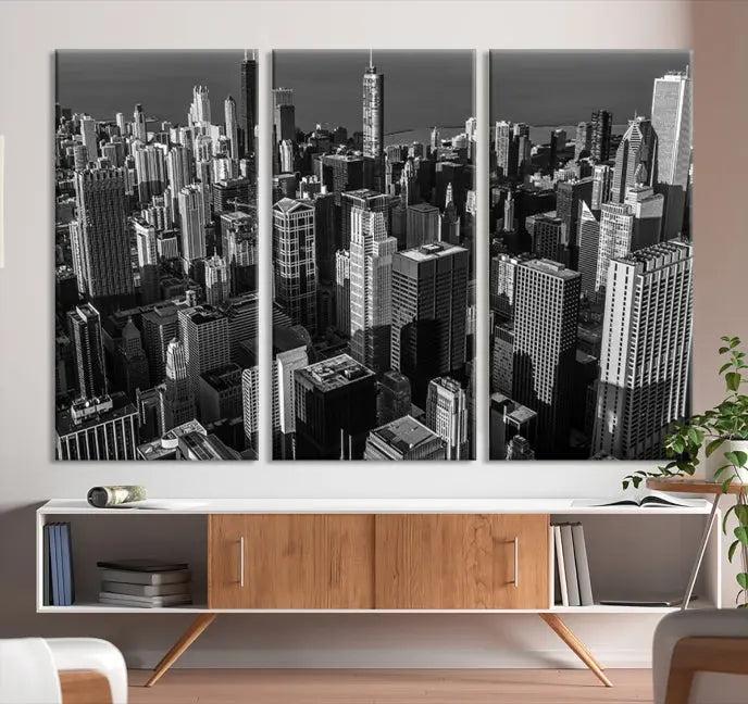 Hanging on the wall is the Chicago Wall Art Canvas Print Chicago City Night Canvas Print, a triptych of the city skyline. It’s printed on museum-quality canvas and includes a UV-protective coating to ensure its colors remain vivid for years.