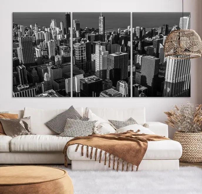 Hanging on the wall is the Chicago Wall Art Canvas Print Chicago City Night Canvas Print, a triptych of the city skyline. It’s printed on museum-quality canvas and includes a UV-protective coating to ensure its colors remain vivid for years.