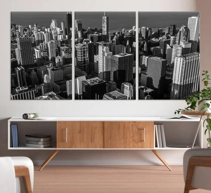 Hanging on the wall is the Chicago Wall Art Canvas Print Chicago City Night Canvas Print, a triptych of the city skyline. It’s printed on museum-quality canvas and includes a UV-protective coating to ensure its colors remain vivid for years.