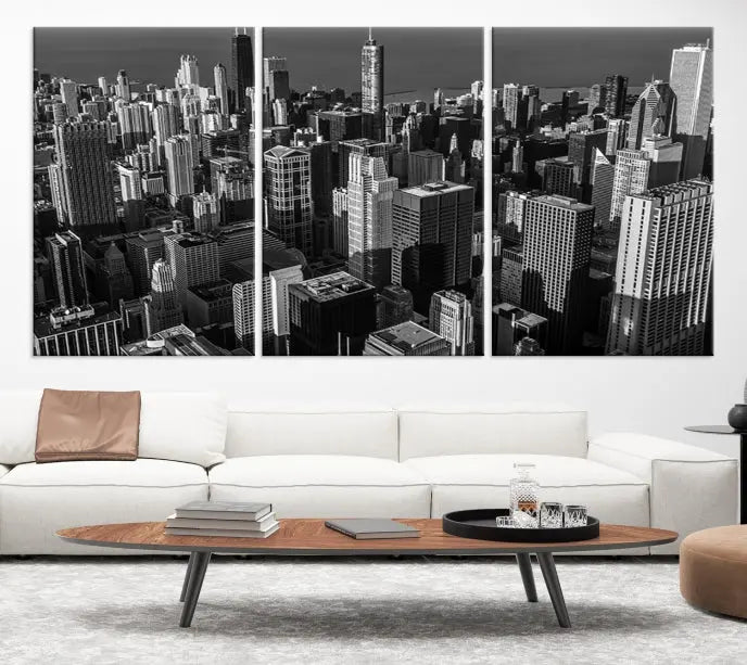 Hanging on the wall is the Chicago Wall Art Canvas Print Chicago City Night Canvas Print, a triptych of the city skyline. It’s printed on museum-quality canvas and includes a UV-protective coating to ensure its colors remain vivid for years.