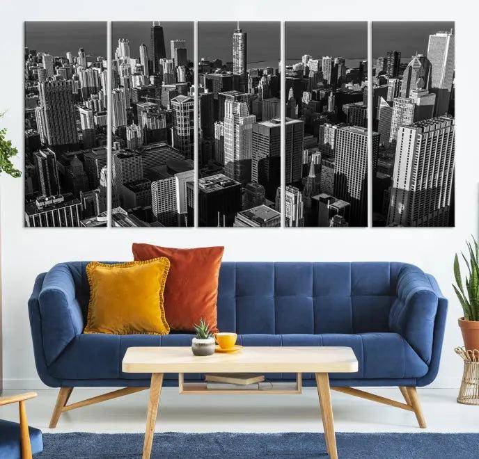 Hanging on the wall is the Chicago Wall Art Canvas Print Chicago City Night Canvas Print, a triptych of the city skyline. It’s printed on museum-quality canvas and includes a UV-protective coating to ensure its colors remain vivid for years.