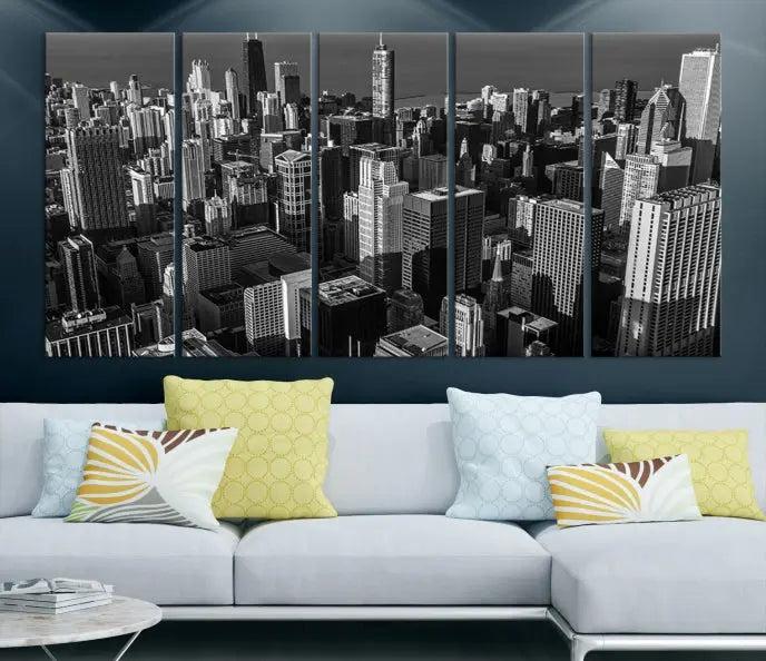 Hanging on the wall is the Chicago Wall Art Canvas Print Chicago City Night Canvas Print, a triptych of the city skyline. It’s printed on museum-quality canvas and includes a UV-protective coating to ensure its colors remain vivid for years.