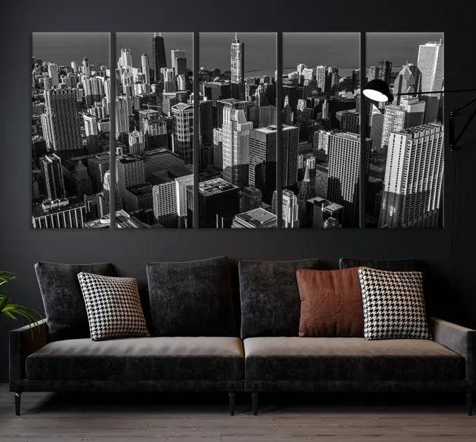 Hanging on the wall is the Chicago Wall Art Canvas Print Chicago City Night Canvas Print, a triptych of the city skyline. It’s printed on museum-quality canvas and includes a UV-protective coating to ensure its colors remain vivid for years.