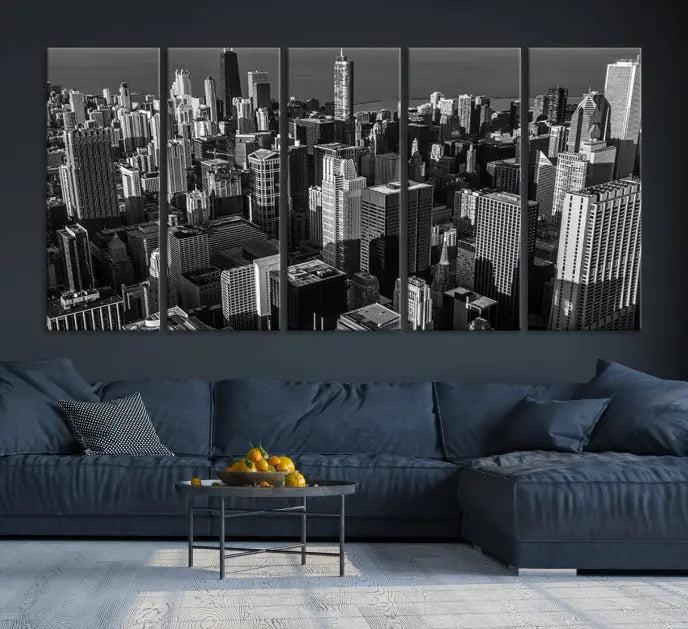 Hanging on the wall is the Chicago Wall Art Canvas Print Chicago City Night Canvas Print, a triptych of the city skyline. It’s printed on museum-quality canvas and includes a UV-protective coating to ensure its colors remain vivid for years.