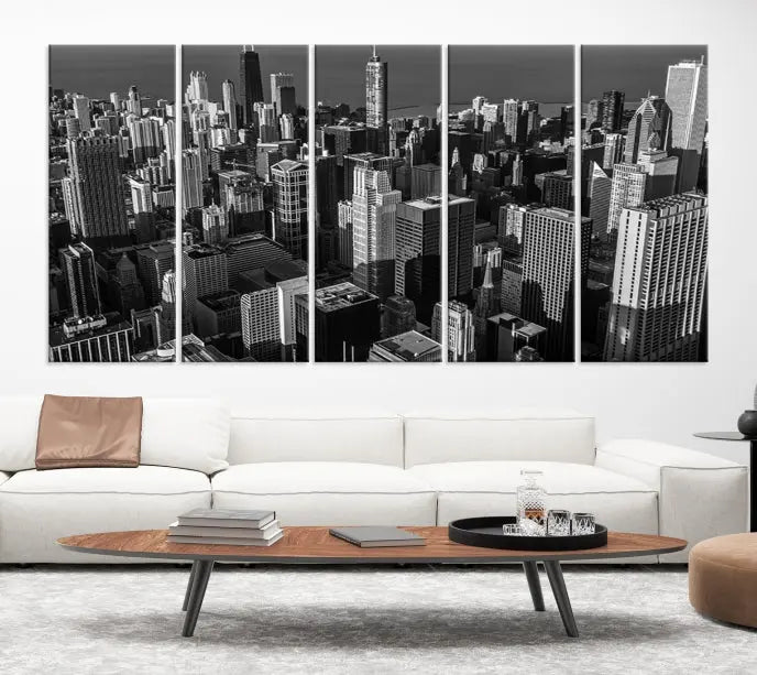 Hanging on the wall is the Chicago Wall Art Canvas Print Chicago City Night Canvas Print, a triptych of the city skyline. It’s printed on museum-quality canvas and includes a UV-protective coating to ensure its colors remain vivid for years.