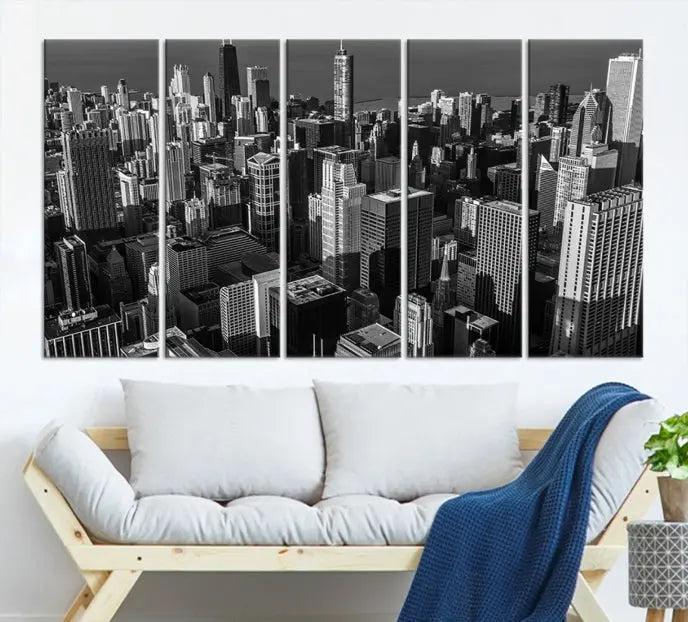 Hanging on the wall is the Chicago Wall Art Canvas Print Chicago City Night Canvas Print, a triptych of the city skyline. It’s printed on museum-quality canvas and includes a UV-protective coating to ensure its colors remain vivid for years.