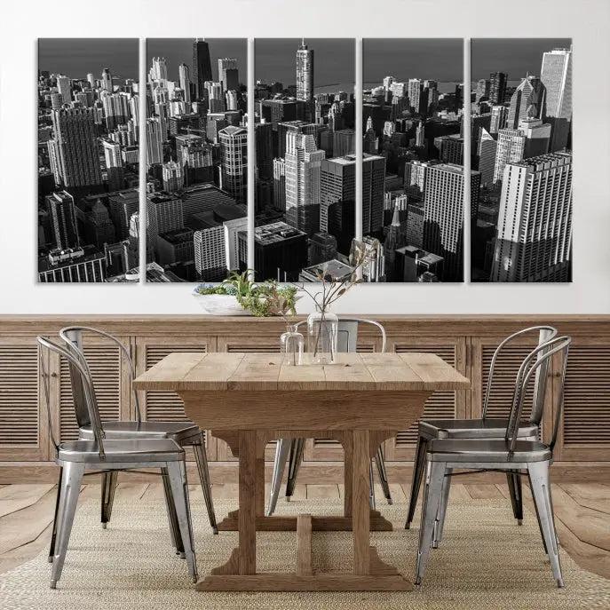 Hanging on the wall is the Chicago Wall Art Canvas Print Chicago City Night Canvas Print, a triptych of the city skyline. It’s printed on museum-quality canvas and includes a UV-protective coating to ensure its colors remain vivid for years.