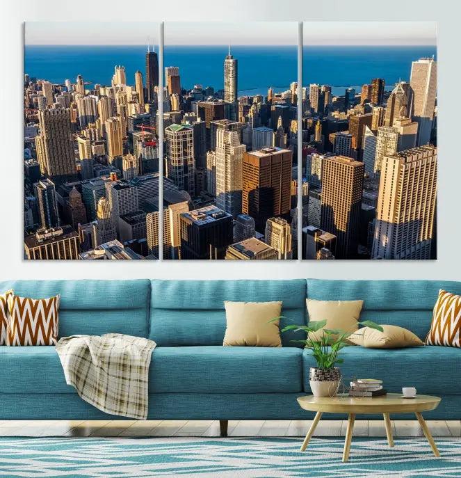 Enjoy a stunning Chicago City Night canvas print, crafted on museum-quality polycotton and elegantly gallery wrapped, showcasing a vibrant cityscape with tall buildings.