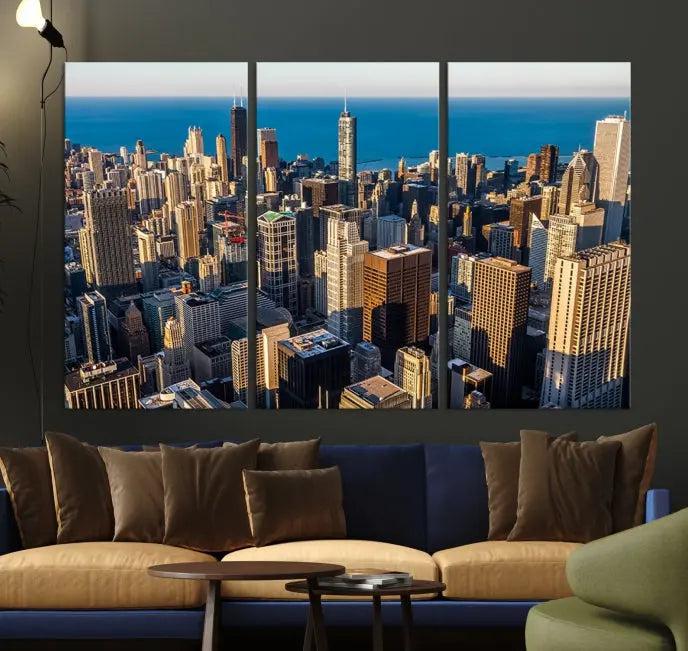 Enjoy a stunning Chicago City Night canvas print, crafted on museum-quality polycotton and elegantly gallery wrapped, showcasing a vibrant cityscape with tall buildings.