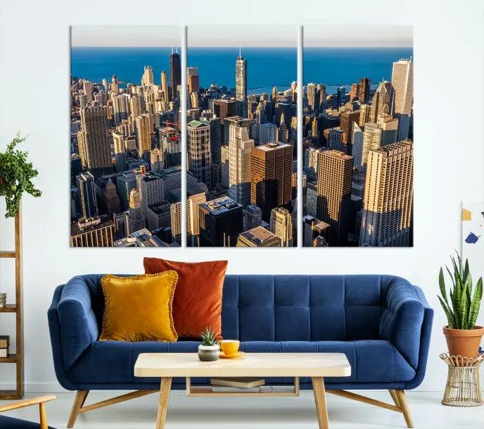 Enjoy a stunning Chicago City Night canvas print, crafted on museum-quality polycotton and elegantly gallery wrapped, showcasing a vibrant cityscape with tall buildings.