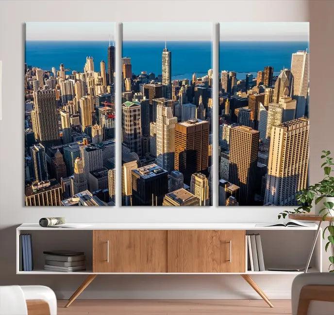 Enjoy a stunning Chicago City Night canvas print, crafted on museum-quality polycotton and elegantly gallery wrapped, showcasing a vibrant cityscape with tall buildings.