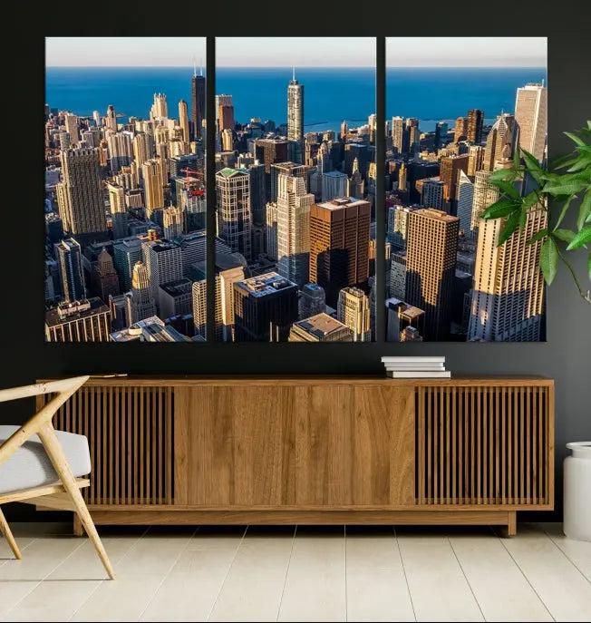 Enjoy a stunning Chicago City Night canvas print, crafted on museum-quality polycotton and elegantly gallery wrapped, showcasing a vibrant cityscape with tall buildings.