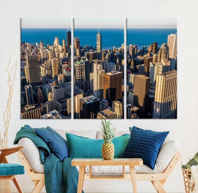 Enjoy a stunning Chicago City Night canvas print, crafted on museum-quality polycotton and elegantly gallery wrapped, showcasing a vibrant cityscape with tall buildings.