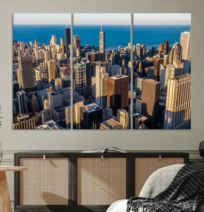 Enjoy a stunning Chicago City Night canvas print, crafted on museum-quality polycotton and elegantly gallery wrapped, showcasing a vibrant cityscape with tall buildings.