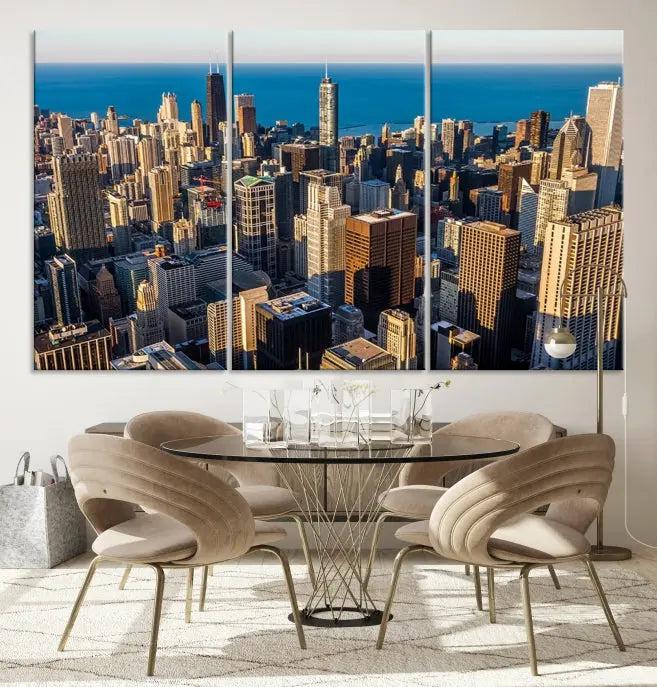 Enjoy a stunning Chicago City Night canvas print, crafted on museum-quality polycotton and elegantly gallery wrapped, showcasing a vibrant cityscape with tall buildings.