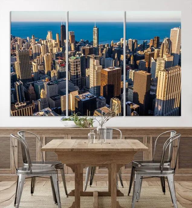 Enjoy a stunning Chicago City Night canvas print, crafted on museum-quality polycotton and elegantly gallery wrapped, showcasing a vibrant cityscape with tall buildings.