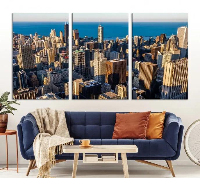 Enjoy a stunning Chicago City Night canvas print, crafted on museum-quality polycotton and elegantly gallery wrapped, showcasing a vibrant cityscape with tall buildings.