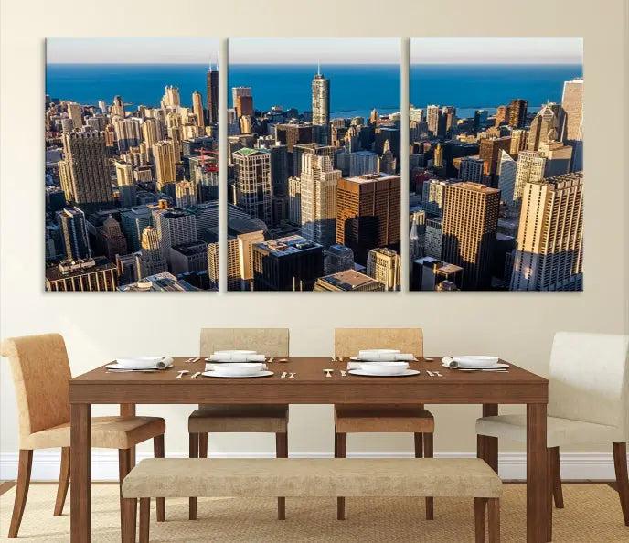 Enjoy a stunning Chicago City Night canvas print, crafted on museum-quality polycotton and elegantly gallery wrapped, showcasing a vibrant cityscape with tall buildings.