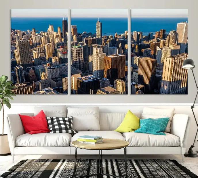 Enjoy a stunning Chicago City Night canvas print, crafted on museum-quality polycotton and elegantly gallery wrapped, showcasing a vibrant cityscape with tall buildings.