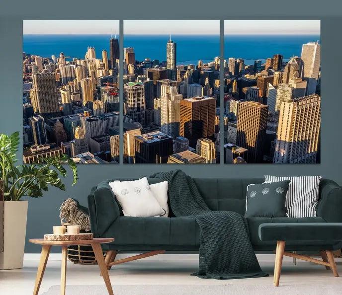 Enjoy a stunning Chicago City Night canvas print, crafted on museum-quality polycotton and elegantly gallery wrapped, showcasing a vibrant cityscape with tall buildings.