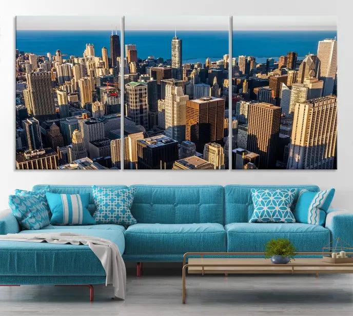 Enjoy a stunning Chicago City Night canvas print, crafted on museum-quality polycotton and elegantly gallery wrapped, showcasing a vibrant cityscape with tall buildings.