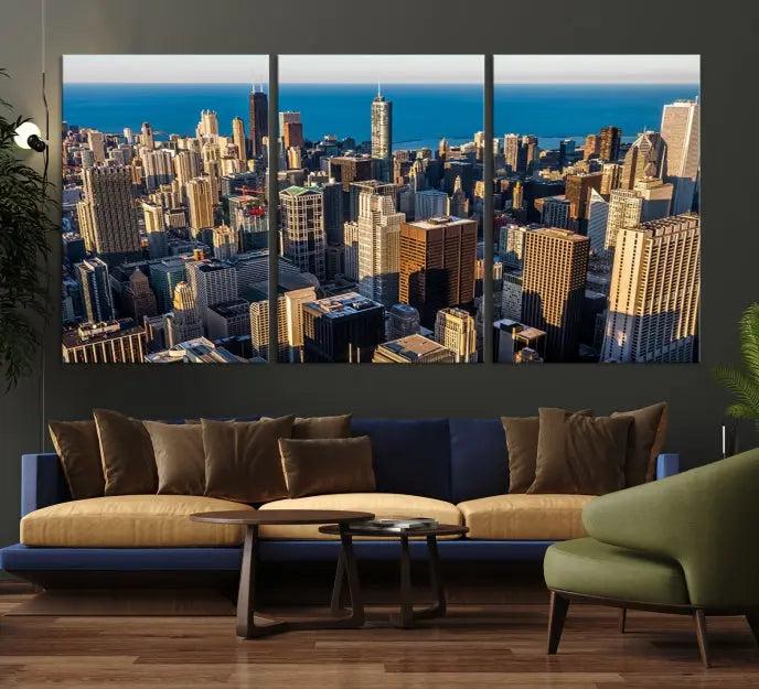 Enjoy a stunning Chicago City Night canvas print, crafted on museum-quality polycotton and elegantly gallery wrapped, showcasing a vibrant cityscape with tall buildings.