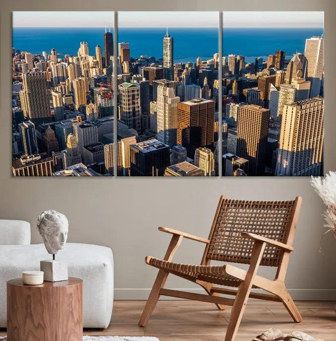 Enjoy a stunning Chicago City Night canvas print, crafted on museum-quality polycotton and elegantly gallery wrapped, showcasing a vibrant cityscape with tall buildings.