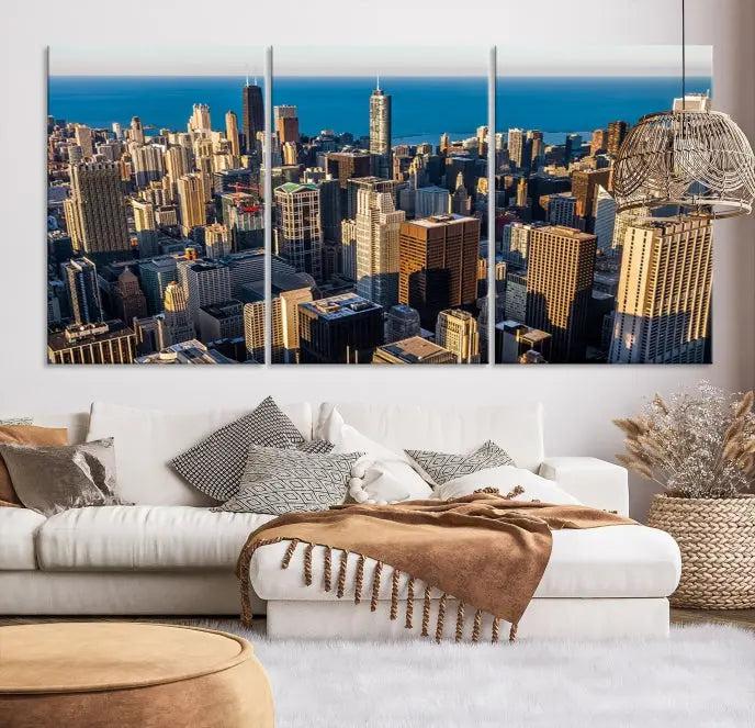 Enjoy a stunning Chicago City Night canvas print, crafted on museum-quality polycotton and elegantly gallery wrapped, showcasing a vibrant cityscape with tall buildings.