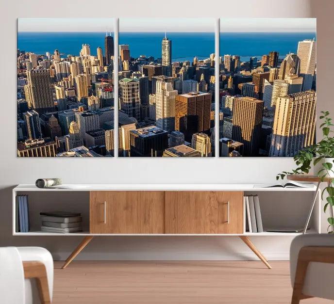 Enjoy a stunning Chicago City Night canvas print, crafted on museum-quality polycotton and elegantly gallery wrapped, showcasing a vibrant cityscape with tall buildings.