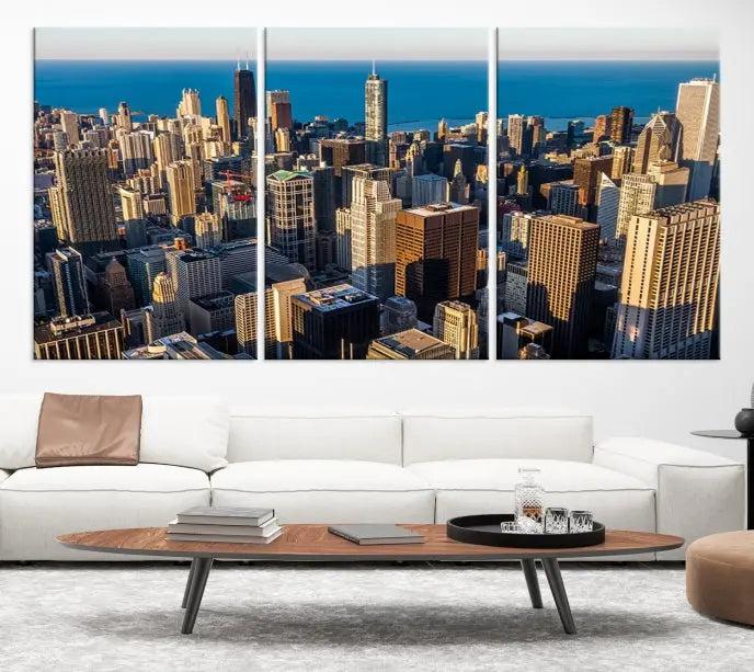 Enjoy a stunning Chicago City Night canvas print, crafted on museum-quality polycotton and elegantly gallery wrapped, showcasing a vibrant cityscape with tall buildings.