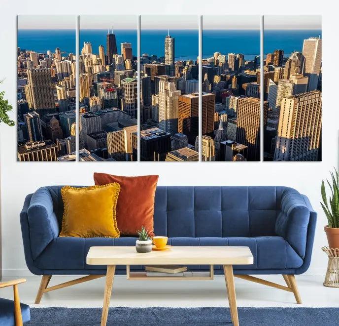 Enjoy a stunning Chicago City Night canvas print, crafted on museum-quality polycotton and elegantly gallery wrapped, showcasing a vibrant cityscape with tall buildings.