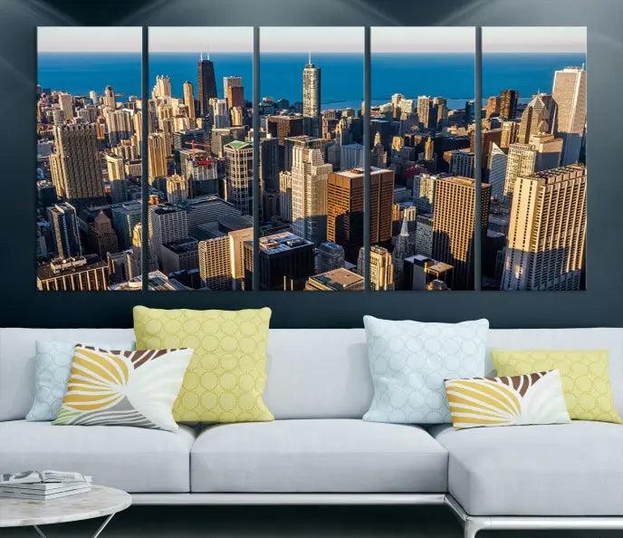 Enjoy a stunning Chicago City Night canvas print, crafted on museum-quality polycotton and elegantly gallery wrapped, showcasing a vibrant cityscape with tall buildings.