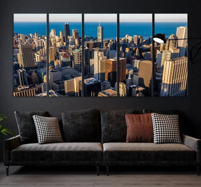 Enjoy a stunning Chicago City Night canvas print, crafted on museum-quality polycotton and elegantly gallery wrapped, showcasing a vibrant cityscape with tall buildings.