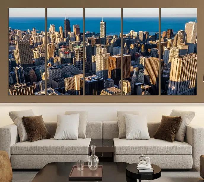 Enjoy a stunning Chicago City Night canvas print, crafted on museum-quality polycotton and elegantly gallery wrapped, showcasing a vibrant cityscape with tall buildings.