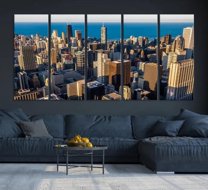 Enjoy a stunning Chicago City Night canvas print, crafted on museum-quality polycotton and elegantly gallery wrapped, showcasing a vibrant cityscape with tall buildings.