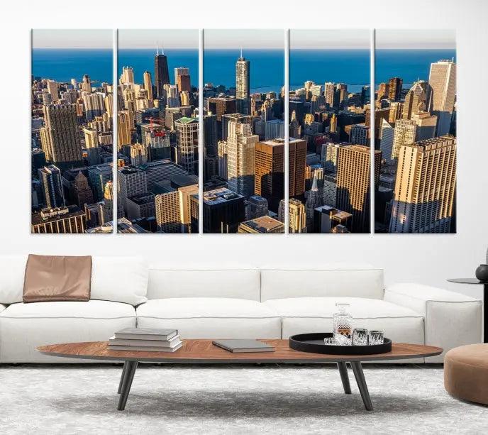 Enjoy a stunning Chicago City Night canvas print, crafted on museum-quality polycotton and elegantly gallery wrapped, showcasing a vibrant cityscape with tall buildings.