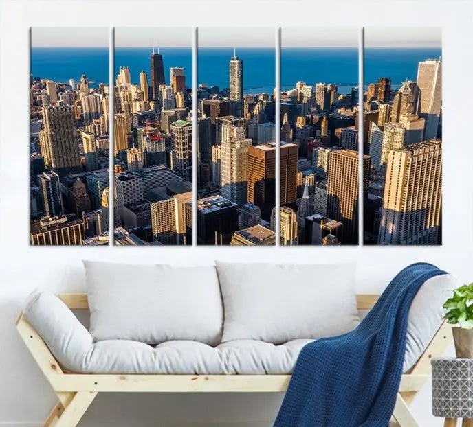 Enjoy a stunning Chicago City Night canvas print, crafted on museum-quality polycotton and elegantly gallery wrapped, showcasing a vibrant cityscape with tall buildings.