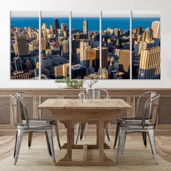 Enjoy a stunning Chicago City Night canvas print, crafted on museum-quality polycotton and elegantly gallery wrapped, showcasing a vibrant cityscape with tall buildings.