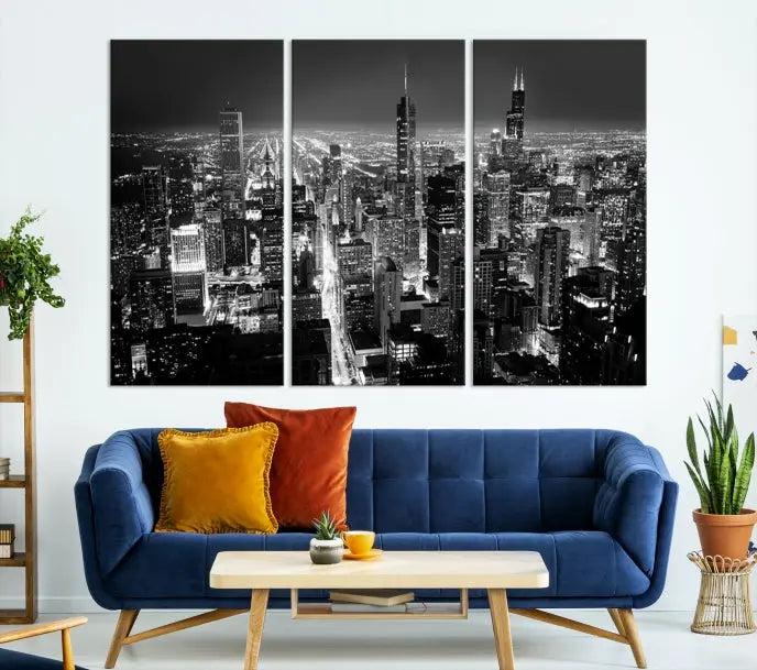 The Chicago Wall Art Canvas Print featuring the city skyline at night graces the wall. This museum-quality canvas comes with free shipping.