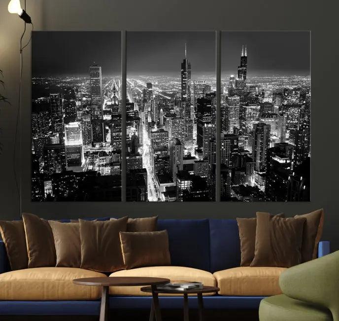 The Chicago Wall Art Canvas Print featuring the city skyline at night graces the wall. This museum-quality canvas comes with free shipping.