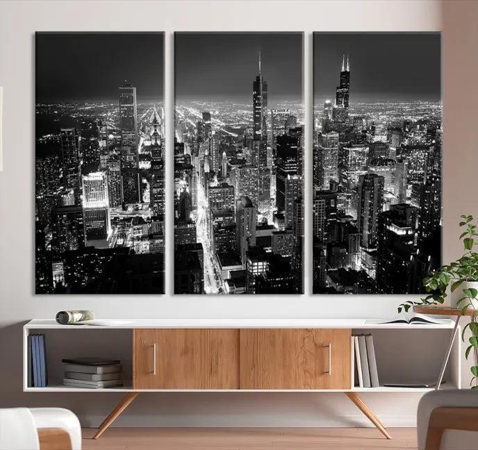 The Chicago Wall Art Canvas Print featuring the city skyline at night graces the wall. This museum-quality canvas comes with free shipping.