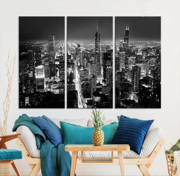 The Chicago Wall Art Canvas Print featuring the city skyline at night graces the wall. This museum-quality canvas comes with free shipping.